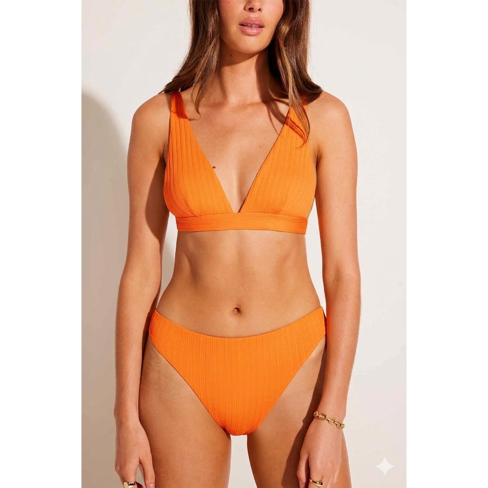 VITAMIN A Cali High Leg Full Bikini Bottom Women Medium Orange Ribbed Swim